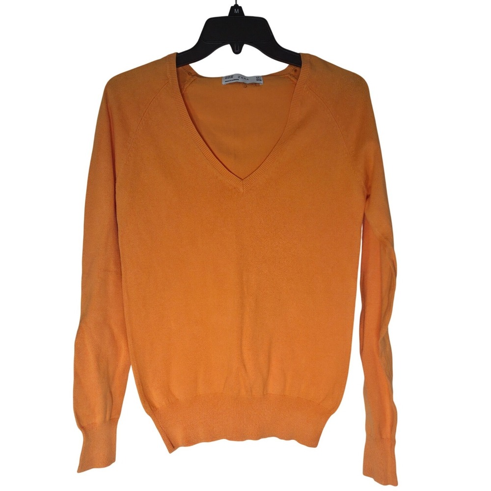 Zara Orange V-Neck Pullover Sweater Womens Large Cotton Blend Raglan Sleeve